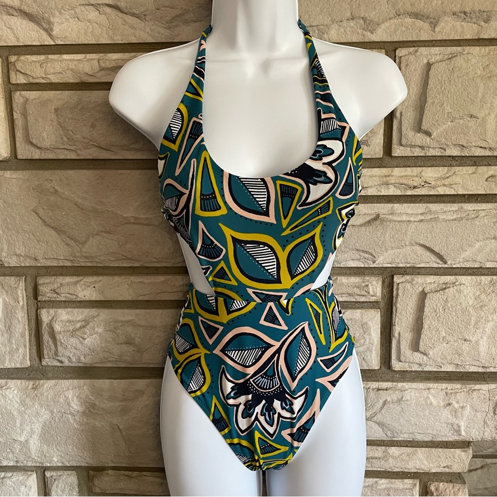 Aerie Leaf Print Halter Rib Cut Out One Piece Swimsuit Size XS